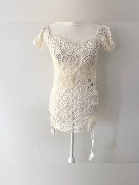 Forever 21 Women Crochet Lace Up Mini Dress Small Festival Boho Beach Hippie Y2K